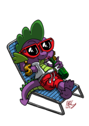 Size: 700x990 | Tagged: safe, artist:projectzuel, spike, dragon, g4, bottle, chair, clothes, drink, earring, lazy, lounging, male, simple background, soda, solo, sunglasses, swimsuit, transparent background