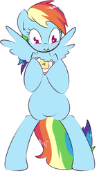 Size: 1101x1920 | Tagged: dead source, safe, artist:kryptchild, rainbow dash, pegasus, pony, g4, :i, aweeg*, banana, bipedal, cute, faic, female, hoof hold, mare, messy eating, nom, request, scrunchy face, smiling, solo, spread wings, waffle, wide eyes