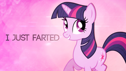 Size: 1920x1080 | Tagged: safe, artist:zelatynowy, twilight sparkle, pony, unicorn, g4, caption, female, image macro, implied farting, solo, text, twilight fartle, unicorn twilight, wallpaper