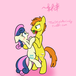 Size: 1000x1000 | Tagged: safe, artist:lightningnickel, bon bon, carrot cake, sweetie drops, earth pony, pony, g4, 30 minute art challenge, bipedal, blushing, female, flower, flower in mouth, male, mare, mouth hold, rose, shipping, signature, stallion, straight, suave