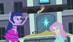 Size: 716x421 | Tagged: safe, screencap, fluttershy, twilight sparkle, equestria girls, g4, my little pony equestria girls, armpits, arms in the air, big crown thingy, clothes, dress, faic, fall formal outfits, female, hands in the air, jazz hands, lidded eyes, sleeveless, sleeveless dress, tiara, twilight ball dress