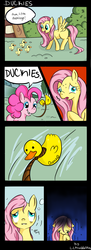 Size: 612x1687 | Tagged: safe, artist:lilmisswaffles, fluttershy, pinkie pie, g4, comic, duckling, faint, rope, rubber duck