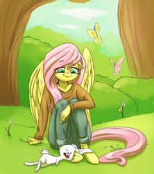 Size: 961x1083 | Tagged: safe, artist:siden, angel bunny, fluttershy, anthro, unguligrade anthro, g4, clothes, drool, hooves, sleeping, sweater, sweatershy