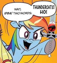 Size: 334x366 | Tagged: safe, artist:death-driver-5000, idw, applejack, rainbow dash, g4, exploitable meme, meme, sword of omens, thundercats, two words meme