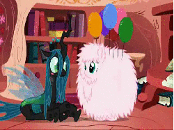 Size: 598x448 | Tagged: safe, artist:mixermike622, queen chrysalis, oc, oc:fluffle puff, g4, animated, balloon, floating, golden oaks library, wat