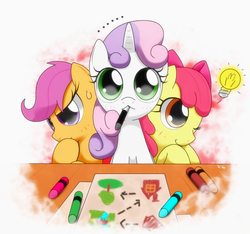 Size: 1200x1125 | Tagged: safe, artist:hoyeechun, apple bloom, scootaloo, sweetie belle, earth pony, pegasus, pony, unicorn, g4, apple bloom's bow, bow, crayon, crayon drawing, cute, cutie mark crusaders, drawing, female, filly, foal, hair bow, lightbulb, mouth hold, one eye closed, paper, sweat, sweatdrop