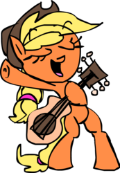 Size: 606x878 | Tagged: safe, artist:mushroomcookiebear, applejack, earth pony, pony, g4, bipedal, eyes closed, female, guitar, simple background, solo