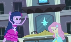Size: 716x421 | Tagged: safe, edit, edited screencap, screencap, fluttershy, twilight sparkle, equestria girls, g4, my little pony equestria girls, armpits, arms in the air, clothes, dress, duo, fall formal outfits, hands in the air, sleeveless, sleeveless dress, twilight ball dress