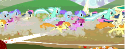 Size: 1259x501 | Tagged: safe, edit, edited screencap, screencap, berry punch, berryshine, bon bon, carrot top, golden harvest, lyra heartstrings, orchid dew, shoeshine, sweetie drops, earth pony, pony, unicorn, fall weather friends, g4, season 1, animated, animation error, background pony, dust cloud, female, galloping, loop, mare, multeity, race, racing, running