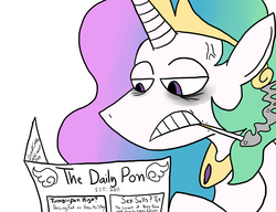 Size: 1280x985 | Tagged: safe, artist:order border, princess celestia, alicorn, pony, g4, cigarette, drunk celestia, female, newspaper, smoking, solo, the daily pon