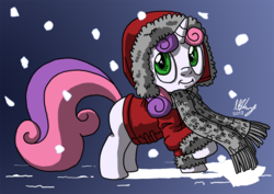 Size: 990x700 | Tagged: safe, artist:projectzuel, sweetie belle, g4, clothes, coat, female, scarf, snow, snowfall, solo