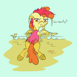 Size: 2120x2136 | Tagged: safe, artist:annonymouse, apple bloom, earth pony, pony, g4, clothes, female, filly, foal, hooves, messy, one-piece swimsuit, sap, solo, swimsuit, underhoof, unshorn fetlocks