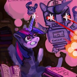 Size: 800x800 | Tagged: safe, artist:bloodrizer, twilight sparkle, robot, g4, 30 minute art challenge, adorkable, book, cute, daydream, dork, eye beams, imagining, magic, nuclear weapon, telekinesis, thought bubble