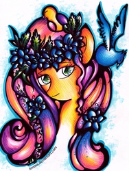 Size: 3098x4116 | Tagged: safe, artist:lirrena, fluttershy, bird, g4, female, flower, solo, traditional art