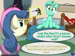 Size: 3826x2847 | Tagged: safe, artist:template93, bon bon, lyra heartstrings, sweetie drops, earth pony, human, pony, unicorn, zombie, g4, bed, bon bon is not amused, commission, foam finger, high res, humie, magic, pillow, window