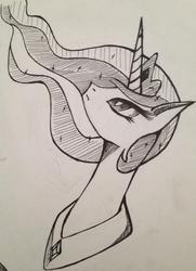 Size: 695x960 | Tagged: safe, artist:thet-rex, princess celestia, g4, bust, female, simple background, solo, traditional art