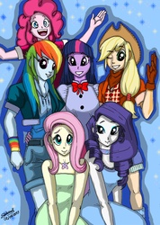 Size: 2492x3508 | Tagged: safe, artist:shikidark, applejack, fluttershy, pinkie pie, rainbow dash, rarity, twilight sparkle, alicorn, equestria girls, g4, female, humane five, humane six, mane six, smiling, twilight sparkle (alicorn)