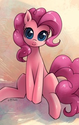 Size: 950x1500 | Tagged: safe, artist:katiramoon, pinkie pie, g4, female, looking at you, sitting, smiling, solo, staring into your soul