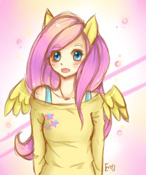 Size: 500x600 | Tagged: safe, artist:headphonemonster, fluttershy, human, g4, eared humanization, female, humanized, solo, winged humanization