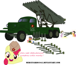 Size: 3000x2574 | Tagged: safe, artist:mercenario1945, apple bloom, babs seed, scootaloo, sweetie belle, earth pony, pegasus, pony, unicorn, g4, artillery, bm-13, cutie mark crusaders, female, filly, foal, katyusha, military, red army, rocket launcher, simple background, spanish, transparent background, vehicle, world war ii