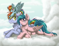Size: 1024x796 | Tagged: safe, artist:inuhoshi-to-darkpen, firefly, rainbow blaze, rainbow dash, pegasus, pony, g1, g4, cloud, crossed hooves, family, female, filly, filly rainbow dash, firefly as rainbow dash's mom, foal, g1 to g4, generation leap, lying on a cloud, mare, on a cloud, parent, ship:fireblaze, trio, unshorn fetlocks, younger
