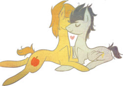 Size: 664x465 | Tagged: safe, artist:dodriobacon, braeburn, soarin', g4, cuddling, cute, eyes closed, gay, heart, male, prone, ship:soarburn, shipping, simple background, smiling, snuggling, transparent background