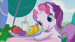 Size: 853x480 | Tagged: safe, screencap, sweetie belle (g3), g3, g3.5, apple, banana, cup, drink, female, food, fruit, glowing, grapes, magic, milkshake, plate, solo, straw, sweetie belle's magic brings a great big smile