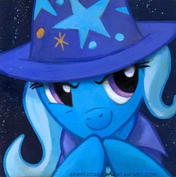 Size: 504x509 | Tagged: dead source, safe, artist:kenket, artist:spainfischer, trixie, pony, unicorn, g4, bust, clothes, female, hat, mare, portrait, solo, traditional art, trixie's hat