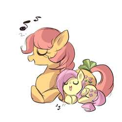 Size: 700x700 | Tagged: source needed, safe, artist:keterok, fluttershy, posey, earth pony, pegasus, pony, g1, g4, cuddling, cute, duo, eyes closed, female, filly, filly fluttershy, g1 to g4, generation leap, mother and daughter, music notes, open mouth, poseybetes, prone, shyabetes, simple background, singing, smiling, snuggling, tail bow, white background, younger