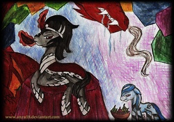 Size: 2338x1636 | Tagged: safe, artist:rossmaniteanzu, king sombra, crystal pony, dragon, pony, g4, crystal empire, slave, traditional art