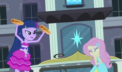 Size: 716x421 | Tagged: safe, edit, edited screencap, screencap, fluttershy, twilight sparkle, equestria girls, g4, my little pony equestria girls, chili dog, duo, faic, food, gee bill, jazz hands