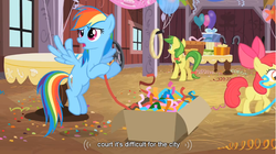 Size: 855x479 | Tagged: safe, screencap, apple bloom, apple fritter, rainbow dash, g4, the last roundup, youtube caption