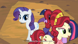 Size: 1024x576 | Tagged: safe, screencap, cherry jubilee, rarity, twilight sparkle, g4, the last roundup, radio, youtube caption