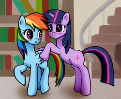 Size: 691x560 | Tagged: safe, artist:asdf314159265, rainbow dash, twilight sparkle, g4, blushing, ship:twidash, shipping