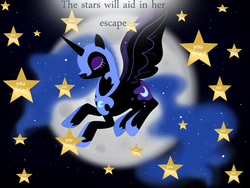 Size: 800x600 | Tagged: artist needed, source needed, safe, nightmare moon, alicorn, pony, the stars will aid in her escape, g4, female, gold star, meme, solo, spread wings, wat, you tried