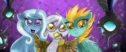 Size: 3000x1234 | Tagged: safe, artist:ladymonotone, gilda, lightning dust, trixie, changeling, griffon, g4