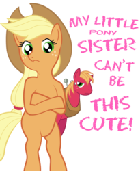 Size: 593x723 | Tagged: artist needed, safe, applejack, big macintosh, earth pony, pony, g4, applecest, bipedal, crossover, female, incest, male, my little sister can't be this cute, parody, pun, ship:applemac, shipping, straight