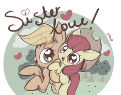 Size: 900x705 | Tagged: safe, artist:ipun, apple bloom, applejack, g4, cute, heart, heart eyes, wingding eyes