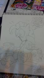 Size: 1024x1816 | Tagged: safe, artist:andy price, idw, applejack, pinkie pie, g4, cake, little tongue, traditional art