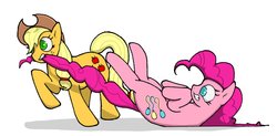Size: 1400x686 | Tagged: safe, artist:man-eating-llama, applejack, pinkie pie, g4, dragging, simple background, tail pull