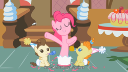 Size: 853x480 | Tagged: safe, screencap, pinkie pie, pound cake, pumpkin cake, pony, baby cakes, g4, baby, baby pony, cake, catholicism, colt, diaper, filly, foal, hat, party hat, party horn, youtube caption