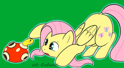 Size: 1200x661 | Tagged: safe, artist:caluriri, fluttershy, pegasus, pony, shuckle, g4, blushing, crossover, cute, female, green background, mare, pokémon, shyabetes, simple background, solo