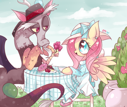 Size: 900x758 | Tagged: safe, artist:ipun, discord, fluttershy, g4, clothes, dress, drink, female, flower, food, hat, heart, heart eyes, male, ship:discoshy, shipping, straight, table, tea party, trilby, wingding eyes