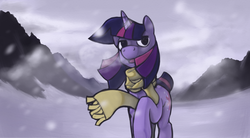 Size: 1546x852 | Tagged: safe, artist:enma-darei, twilight sparkle, g4, clothes, female, scarf, snow, snowfall, solo