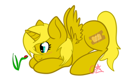 Size: 1958x1278 | Tagged: safe, artist:xxaurelia, oc, oc only, oc:ticket, alicorn, ladybug, pony, alicorn oc, blushing, cute, eyes on the prize, face down ass up, simple background, smiling, solo, spread wings