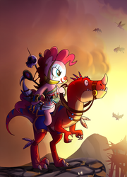 Size: 1080x1500 | Tagged: safe, artist:madmax, pinkie pie, dinosaur, earth pony, pony, velociraptor, g4, clown makeup, duo, face paint, female, game, hoof hold, horde, makeup, mare, ponies riding dinosaurs, reins, riding, skull, smirk, vol'jin, warcraft, warrior, wat, weapon, wide eyes, world of warcraft