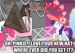 Size: 615x437 | Tagged: safe, pinkie pie, rarity, g4, hat, image macro, konami, pyramid head, scythe, silent hill