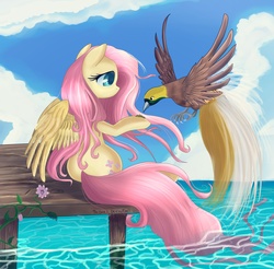 Size: 5800x5710 | Tagged: safe, artist:pridark, fluttershy, bird, g4, absurd resolution, bird of paradise, cute, feeding, kindness, shyabetes, water