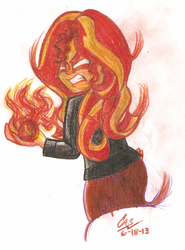 Size: 1090x1472 | Tagged: safe, artist:casthesas, sunset shimmer, equestria girls, g4, my little pony equestria girls, angry, female, fiery shimmer, fireball, magic, pyrokinesis, pyromancy, solo, traditional art