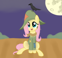 Size: 747x707 | Tagged: safe, artist:fluttershyfree, fluttershy, bird, crow, pegasus, pony, g4, clothes, costume, cute, female, hat, looking up, mare in the moon, moon, night, open mouth, scarecrow, shyabetes, sitting, smiling, solo